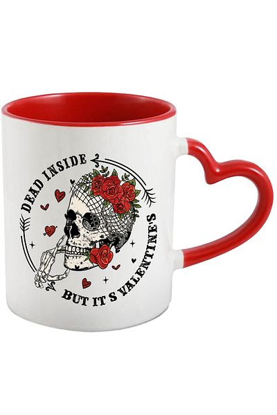 StoryGift Romania Mug with a skull holding a rose between its teeth with the message "Dead inside, bu, Cu,STG"