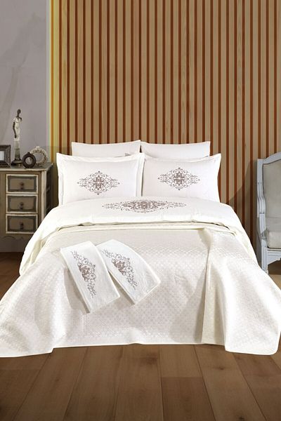 Sevim 8 Piece Tivoli Embossed Embroidered Pique Set with Towels - Diana - Cream