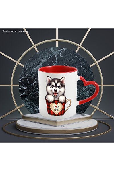 StoryGift Romania Cana cu un catel Malamut de Alaska, ilustratie, sta intr-o ceasca, important, ca, Cu Maner Inim