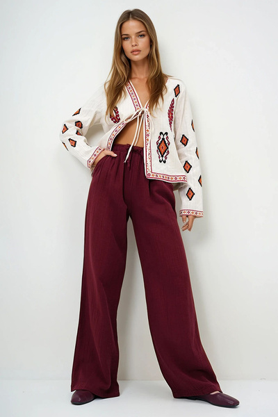 VAGGON Women's Burgundy Double Pocket Elastic Waist Muslin Linen Trousers Prmx13992