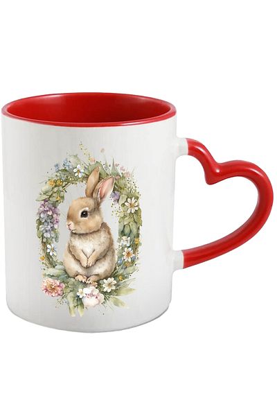 StoryGift Romania Cana de Paste cu Porter Iepuras Dragut, Coroana de Flori, Iepuras de Paste, Sarb, Cu Maner Inim