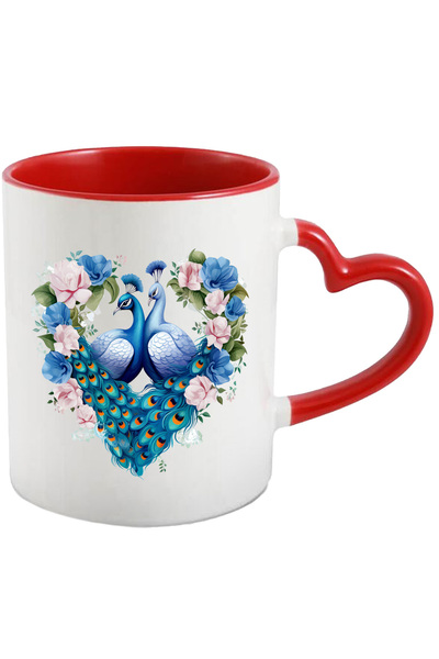 StoryGift Romania Cana cu o paunita si un paun | ilustratie | forma de iinima | flori | apreciere , Cu Maner Inim