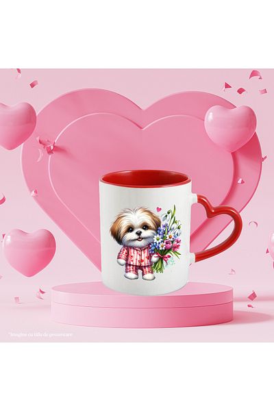 StoryGift Romania Mug with a puppy holding a bouquet of flowers | furry | cheerful | illustration | ca, Cu ,STG .