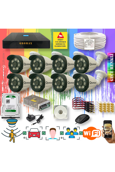 qromax 8 Kameralı Yapay Zeka Özellikli Gece Renkli 8 Warm Ledli TurboHD Güven...