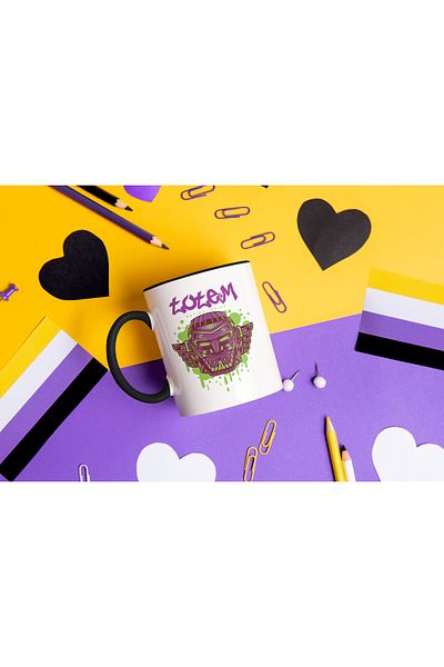 StoryGift Romania Cana Cu Chip Monstru Cu Cerel Stil Taur, Pictura Curgatoare Verde, Arta cultura , Cu Maner Negru