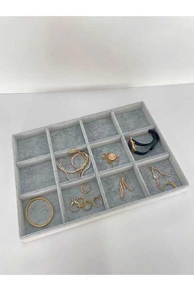 MeGass Dekor Domestic Production Suede Fabric Gray Color 34 Cm / 24 Cm 12 Compartment Drawer Inside Jewelry Stand