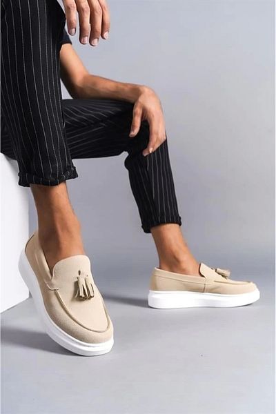 Store SLW154 Blaze Laceless Tasseled Suede حذاء رجالي رياضي كلاسيكي يومي SBT - كريمي
