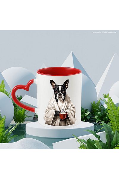 StoryGift Romania Mug with a dog with a white hood holding a cup of hot tea | illustrated, With ,STG .