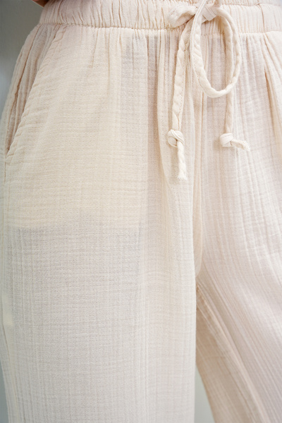 VAGGON Women's Ecru Double Pocket Elastic Waist Muslin Linen Trousers Prmx13992