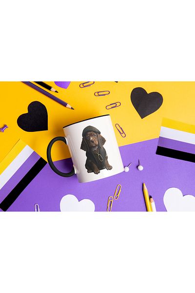 StoryGift Romania Cana Cu Caine Maro Cu Palarie Maro Si Imbracaminte, Caine e Rasa Maro De Talie M, Cu Maner Negru