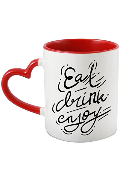 StoryGift Romania Cana Cu Mesaj In Engleza Eat Drink Enjoy, Mancare, Bautura, Bucurie, Alb Negru 3, Cu Maner Inim