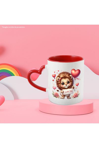 StoryGift Romania Mug with a lion cub holding a balloon with the message "I love you", love, affection, With,STG.