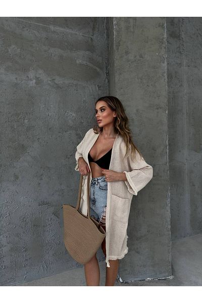 DİMA Long Sleeve Tasseled Linen Blended Cardigan with Pockets