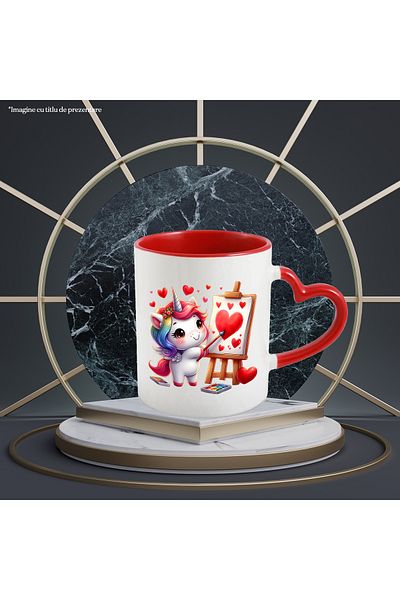 StoryGift Romania Mug with a unicorn painting hearts, illustration, blushing, affection, V, Cu, STG