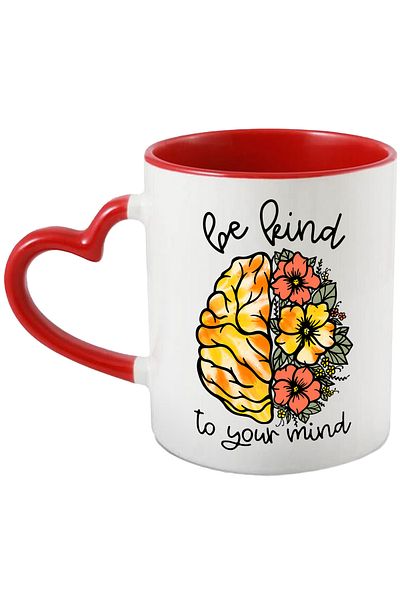StoryGift Romania Cana cu un creier cu mesajul "Be kind to your mind", ilustratie, motivational, f, Cu Maner Inim