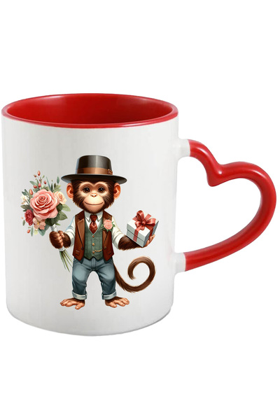 StoryGift Romania Cana cu o maimuta care tine un buchet cu flori si un cadou | ilustratie | camasa, Cu Maner Inim