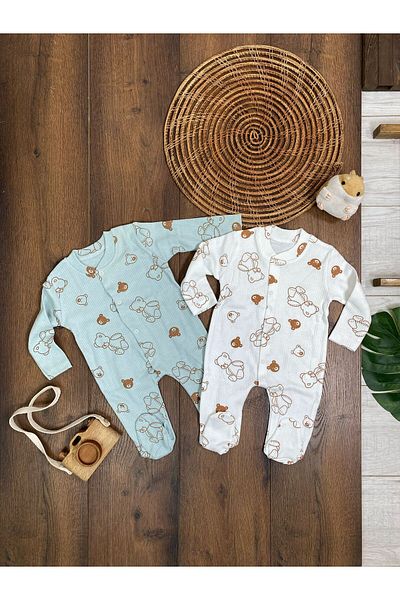 Adda Baby Teddy Bear Jumpsuit Teddy Bear Patterned Baby Boy and Girl Booties Snap Jumpsuit 2-Piece Cotton