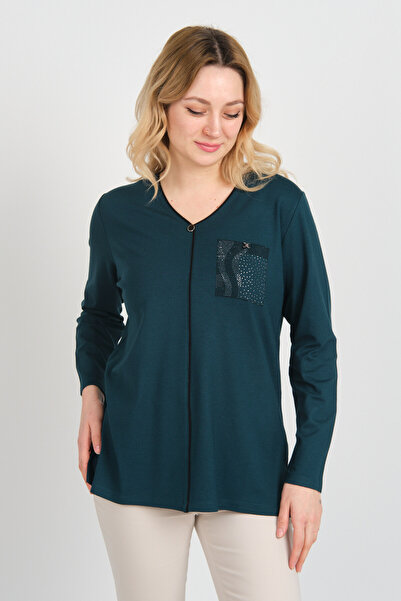 Detay Triko بلوزة نسائية مطرزة بالحجر على شكل حرف V وأكمام طويلة وفتحات جانبي...