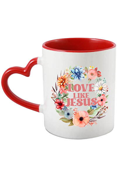 StoryGift Romania Cana cu mesajul "Love like Jesus", religie, ilustratie, credinta, flori colorate, Cu Maner Inim