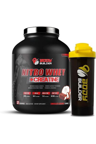 Body Builder Nitro Whey Creatine, Chocolate Coconut, 4 Lb Shaker, Whey Protein For Muscle Growth & Recovery