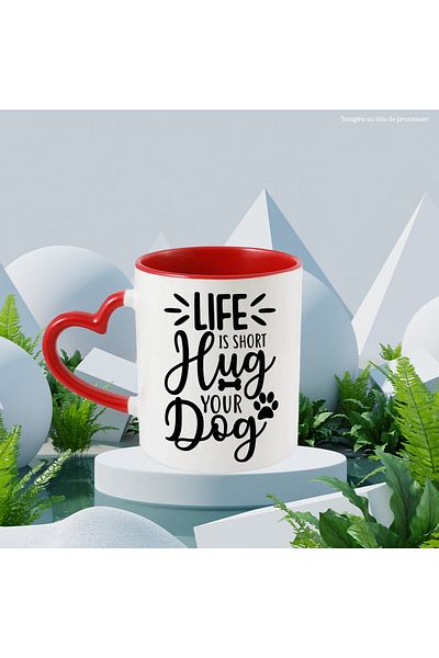 StoryGift Romania Mug with a bone and the text "Life is short, hug your dog" with Heart Handle, With ,STG.