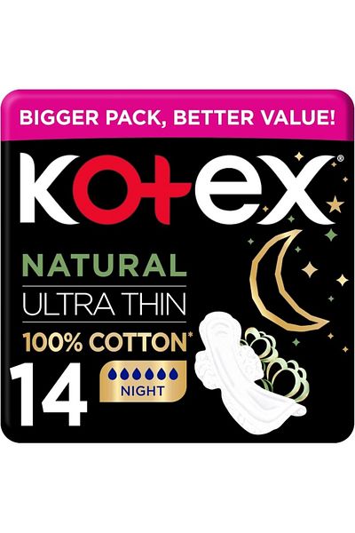 Kotex فوط صحية طبيعية رقيقة للغاية، مصنوعة من القطن بنسبة 100%، مع أجنحة للحماية طوال الليل، 14 فوطة صحية