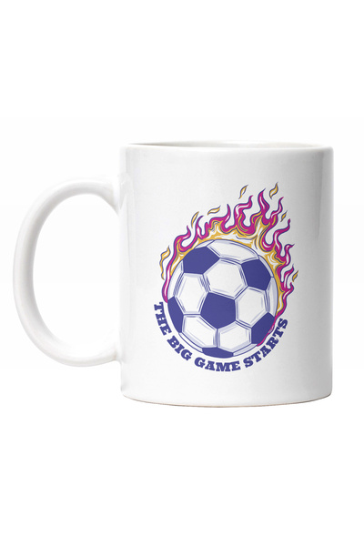 StoryGift Romania Cana Cu Mesaj In Engleza The Big Game Starts, Minge Fotbal In Flacari , Joc DE , Cu Maner Alb