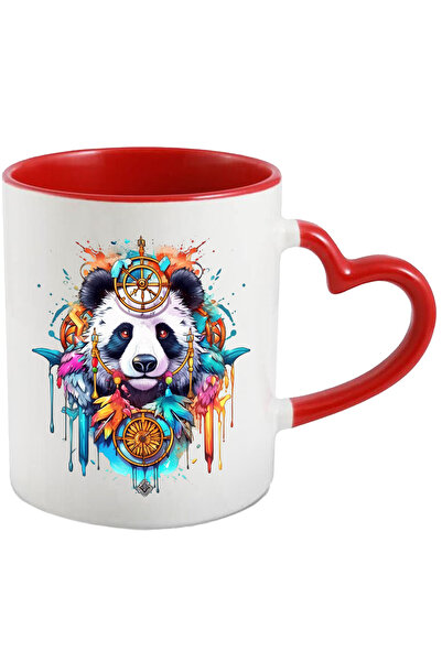 StoryGift Romania Cana Cu Panda, Compas, Pene Colorate, Pandantiv, Watercolor Efect, Multicolor 33, Cu Maner Inim