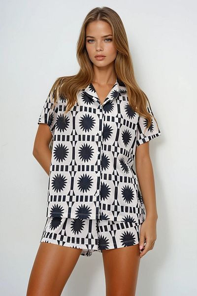 VAGGON Women's Black-Ecru Summer Cotton Knitted Shirt and Shorts Pajama Suit Prmx14085