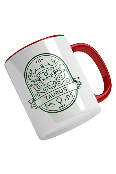 StoryGift Romania Cana Cu Semn Zodie Taur, Animal Cu Coarne, Simbol Taurus Vintige, Mituri, Zodia, Cu Maner Rosu