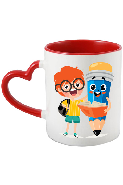 StoryGift Romania Cana Cu Copil, Elev, Ghiozdan, Creion, Carte, Ochelari, Tricou, Multicolor 330 m, Cu Maner Inim