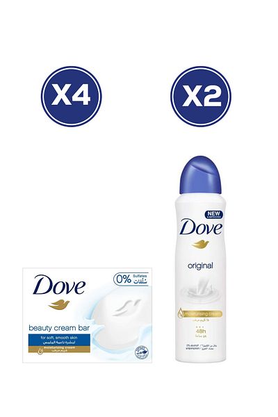 Dove صابون الجمال 160 جرام × 4 + مزيل العرق الأصلي دوف 150 مل × 2 - مجموعة