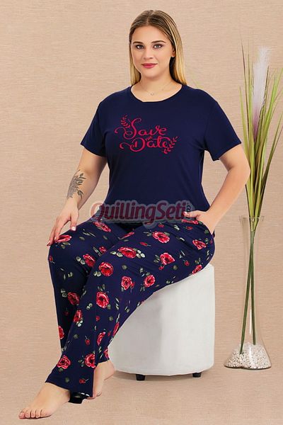 quilling Navy Blue Color and Patterned 11025 Short Sleeve Women's Plus Size Mother Pajamas Set