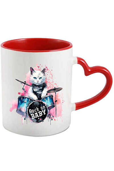 StoryGift Romania Cana cu pisica baterista cu mesajul "Rock on Baby", fundal ...