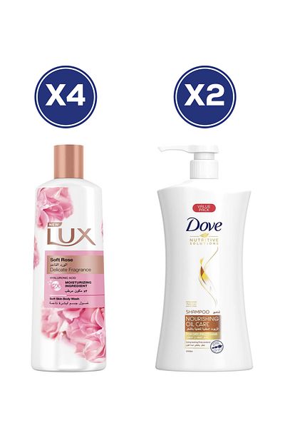 Dove Lux Body Wash Soft Rose 250ml x4 + Dove Oil Care Shampoo 1000ml x2 – Bundle