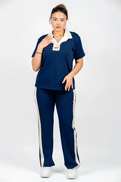 PUANT Women's Polo Neck Striped Tracksuit Set - Short Sleeve Comfortable Fit