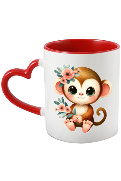 StoryGift Romania Cana cu o maimutica vesela, ilustratie, jucausa, floricele, pentru copii, imbujo, Cu Maner Inim