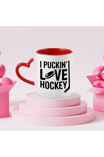 StoryGift Romania Mug for hockey lovers with the text "I puckin' love hockey" - stick with Man, Cu, STG.