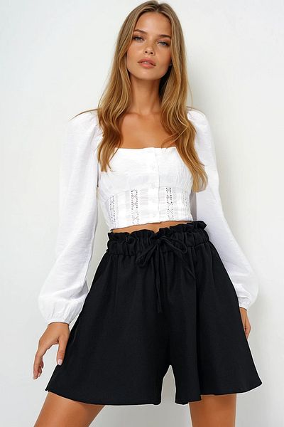 VAGGON Women's Black Double Pocket Tie Detailed Summer Woven Shorts Skirt Prmx14096