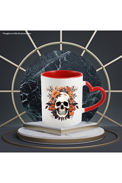 StoryGift Romania Cana cu un craniu, ilustratie, flori portocalii, plante, ab...