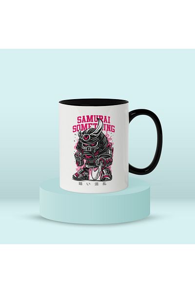 StoryGift Romania Mug with Warrior Robot with Armor and Gas Mask, Text in English Samurai Somet, with Black Handle