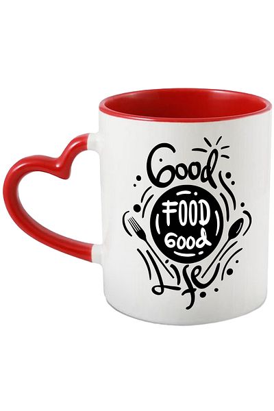 StoryGift Romania Cana Cu Mesaj In Engleza Good Food Good Life, Mancare, Viata, Tacamuri, Farfurie, Cu Maner Inim