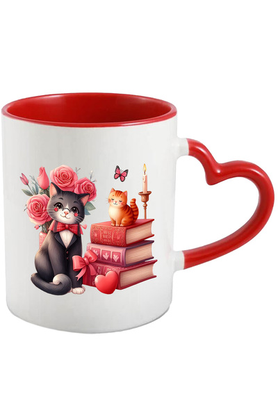 StoryGift Romania Cana cu 2 pisici | ilustratie | una sta pe un teanc cu cart...