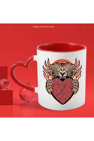 StoryGift Romania Mug With Tiger, Heart, Flames, Bite, Cracks, Claws, Multicolor 330 ml, , With Heart Handle