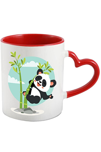 StoryGift Romania Cana Cu Urs Panda, Bambus, Pietre, Cer, Nori, Frunze, Asiatic, Multicolor 330 ml, Cu Maner Inim