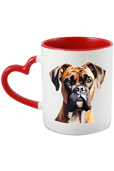 StoryGift Romania Cana cu un caine Boxer, ilustratie, stil poligonal, serios, pentru iubitorii de , Cu Maner Inim