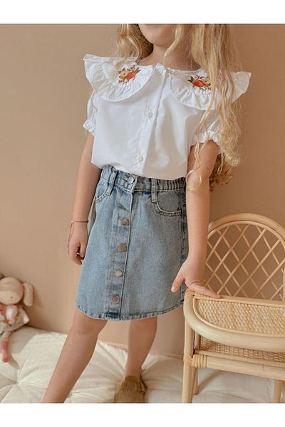 WİKİBOOM Girl's Suit with Denim Skirt and Floral Shirt
