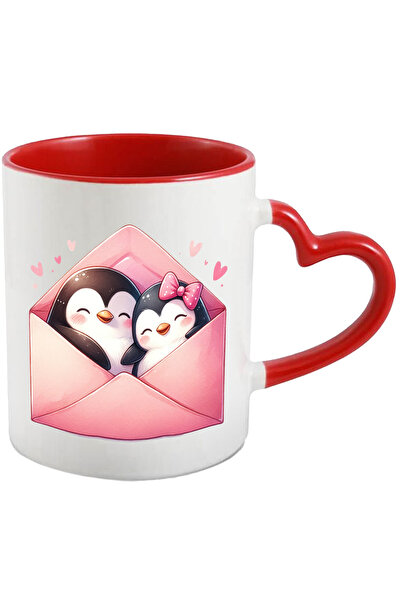 StoryGift Romania Cana cu 2 pinguini care stau intr-un plic | ilustratie | funda | apropiere | ing, Cu Maner Inim