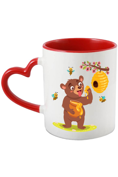 StoryGift Romania Cana Cu Urs, Stup, Creaga, Albine, Flori, Borcan, Miere, Frunze, Multicolor 330 , Cu Maner Inim