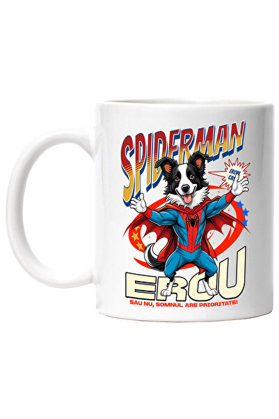 StoryGift Romania Cana cu Border Collie Caine In Costum de SpiderMan cu Pelerina, Erou Nocturn, De, Cu Maner Alb